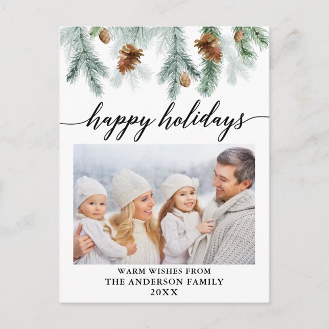 Cartão Postal Feriado de Fotografia do Cones Pine de Aquarela Ca (Frente)