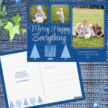 Cartão Postal Feriado de Fotografia em felizes Azul da Família I<br><div class="desc">Um modelo de cartão postal de 3 fotos para você personalizar para a elegante Feliz azul-pastel e azul-escura. Feliz Tudo cartões de natal faz com que seja uma brisa criar seus cartões postais Chrismukkah. A frente desses cartões postais de fotos azuis-claros e azuis-escuros apresentam árvores de Natal modernas e uma...</div>