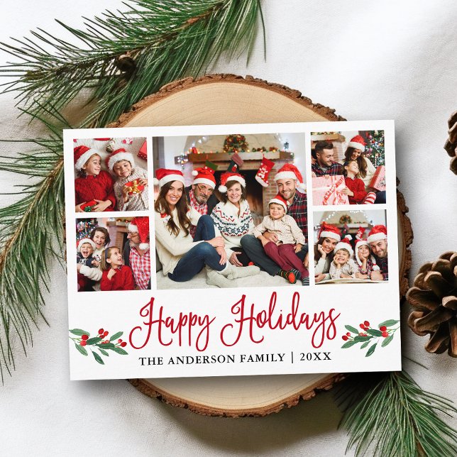 Cartão Postal Feriado de Fotografia Vermelho Holly 5 (Customize to change your personalized text size or text style.)