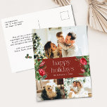 Cartão Postal Feriado de Fotografias Red Modern Botânico 3 Burgu<br><div class="desc">Esta coleção apresenta florais vermelhos de aquarela,  bagas e verde de inverno com tipografia moderna e elegante,  com padrão botânico de inverno.</div>