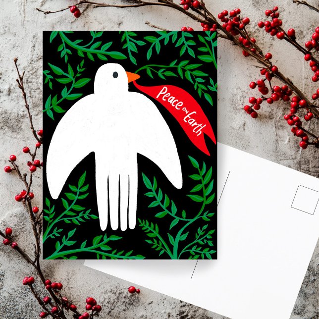 Cartão Postal Feriado de Natal da Paz na Terra (Peace on Earth Dove Christmas Xmas Hand Drawn Botanical Foliage  Holiday Postcard
)
