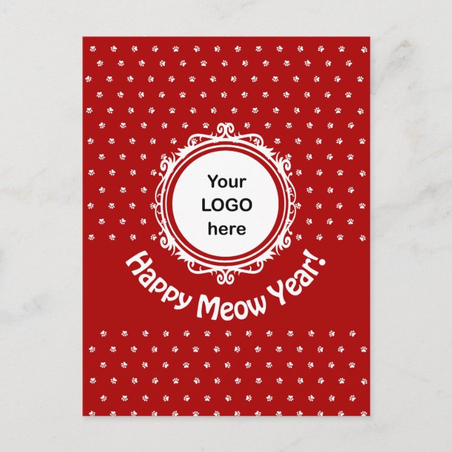 Cartão Postal Feriado de Natal de Gato "Feliz Ano de Meow" (Frente)