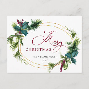 Cartão Postal Feriado de Natal Elegante Holly Berry Pine