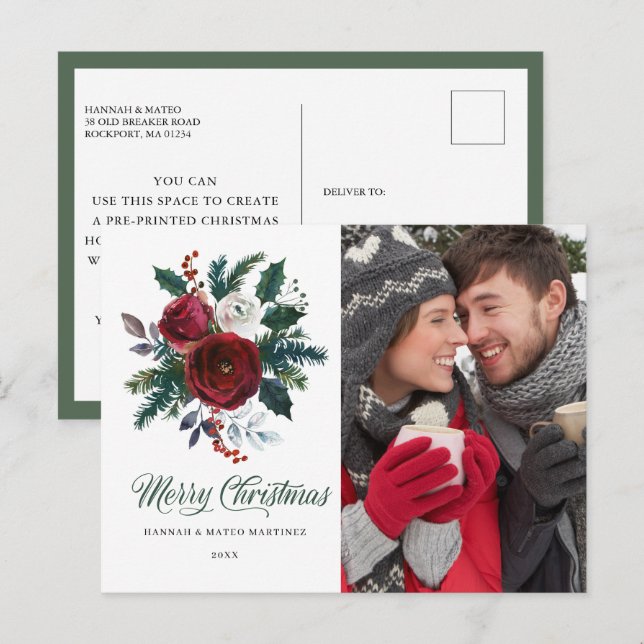 Cartão Postal Feriado de Natal Red Floral Holly (Frente/Verso)