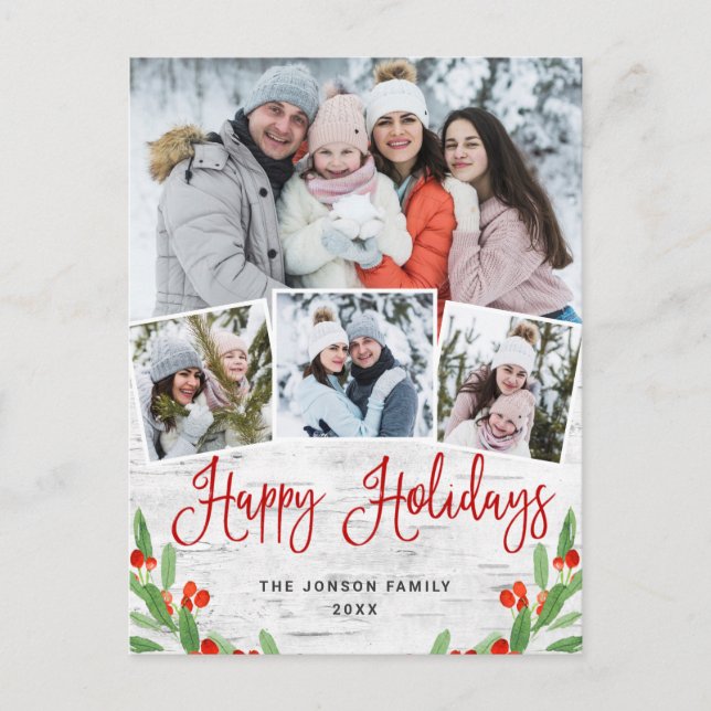 Cartão Postal Feriado de Natal Rustic Birtic 4 PHOTO Saudação (Frente)