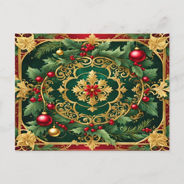 Cartão Postal Feriado de Natal Verde Dourado e Vermelho Decorati (Frente)