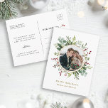 Cartão Postal Feriado Dourado de Natal em Verde Botânico<br><div class="desc">Esta foto de Natal | Características do cartão de férias pintadas de aquarela eucalipto,  folhas verdes,  bagas vermelhas,  ramos de pinho com uma falso estrutura em círculo dourado. Para personalização mais avançada deste design,  clique no link "personalizar mais". Itens correspondentes também estão disponíveis.</div>