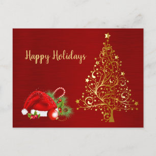 Cartão Postal Feriados do Red Santa Hat na Árvore de Natal ouro