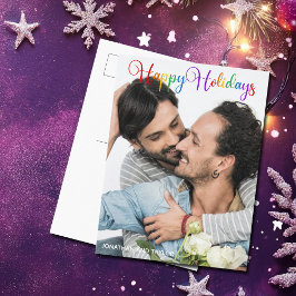 Cartão Postal Feriados felizes Foto do Casal Rainbow Script LGBT