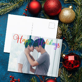 Cartão Postal Feriados felizes Foto do Casal Rainbow Script LGBT