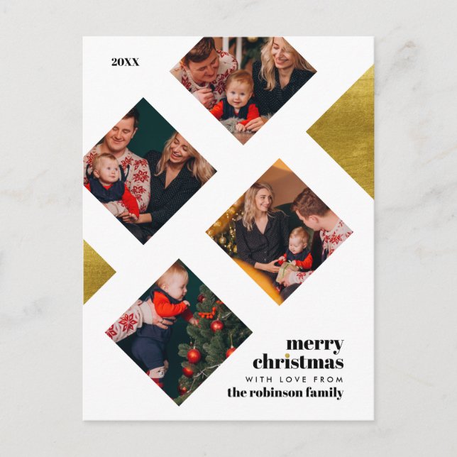 Cartão Postal Férias de Natal Elegante Gold Foil e 4 Fotografias (Frente)