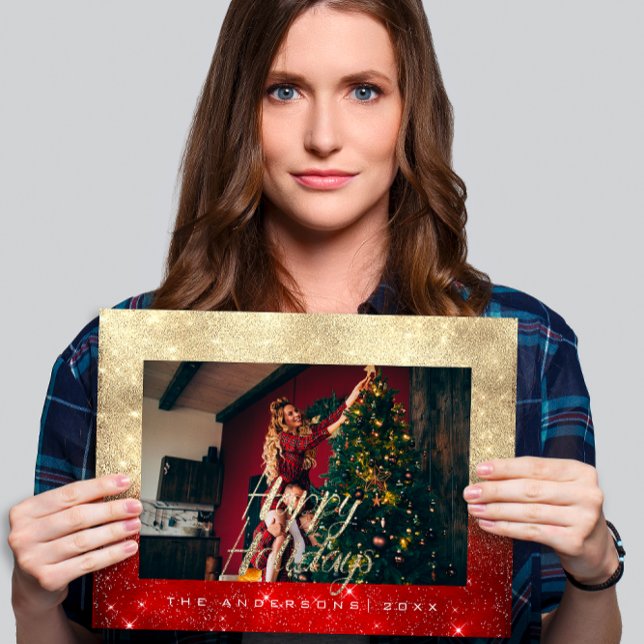 Cartão Postal Férias Felizes Gold Cottage Foto Vermelho Spark Po (Happy Holidays Gold Cottage Photo Red Spark Postca Postcard)