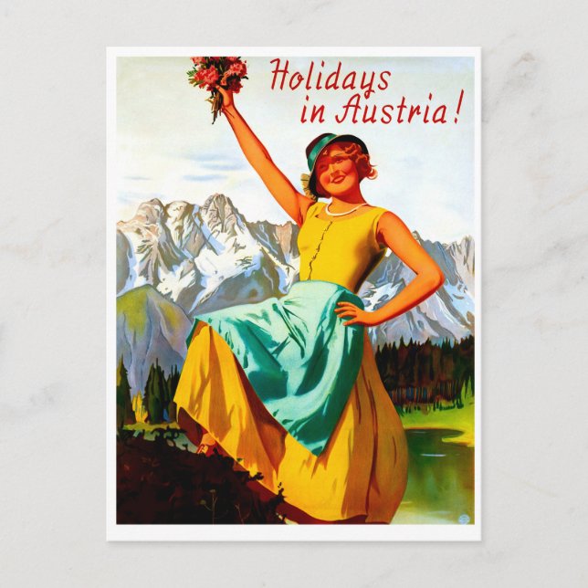 Cartão Postal Férias na Áustria, mulher com flores, vintage (Frente)