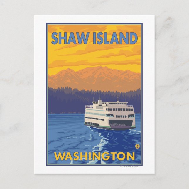 Cartão Postal Ferry e Montanhas - Shaw Island, Washington (Frente)
