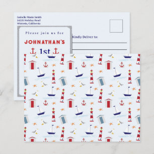 Cartão Postal Festa de 1º Aniversário com Tema de Farol Náutico