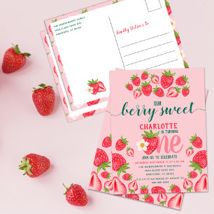 Cartão Postal Festa de 1º Aniversário do Morango Rosa Doce de Mo