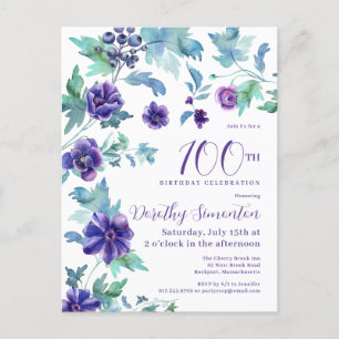 Cartão Postal Festa de 100 Anos de Nascimento Floral Roxo Escuro