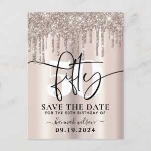Cartão Postal Festa de 50 Anos Brilhante Glitter Save The Date
