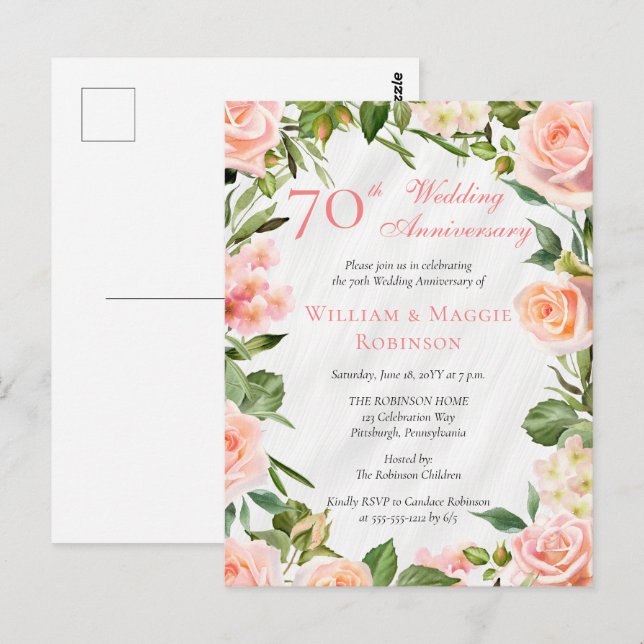 Cartão Postal Festa de 70 de Casamento Floral Elegante Rosa (Frente/Verso)