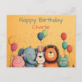 Cartão Postal Festa de Animais Fofos do Zoológico com Balões e C