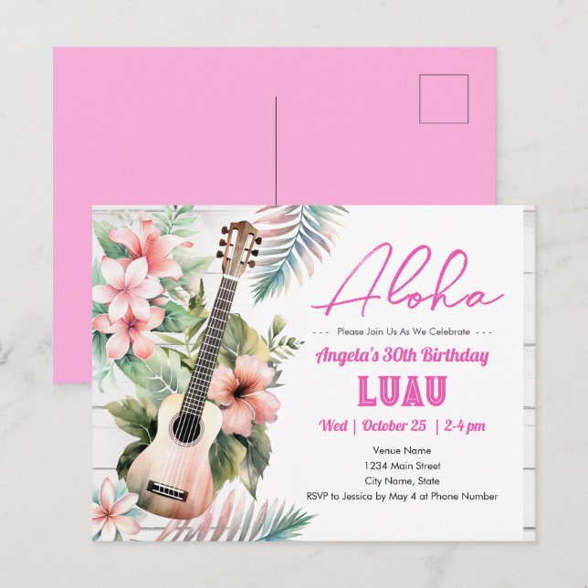 Cartão Postal Festa de aniversário adulta ukulele Aloha Luau (Frente/Verso)