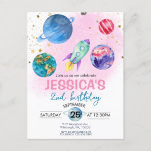 Cartão Postal Festa de Aniversário Astronauta Menina Rosa Fofa