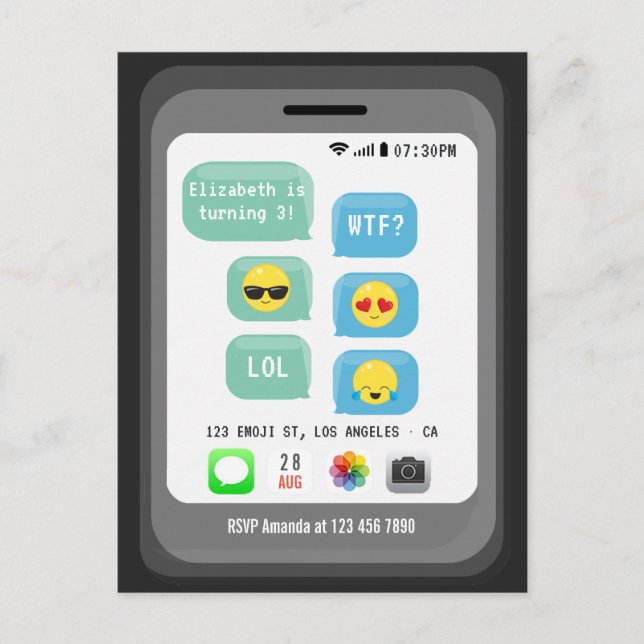 Cartão Postal Festa de Aniversário com Emoji (Frente)