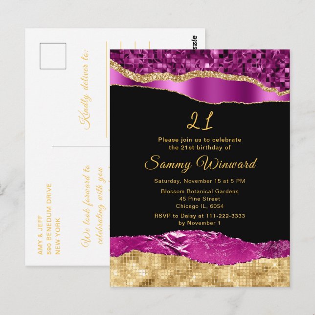 Cartão Postal Festa de Aniversário com Lágrimas de Glamour Roxo  (Frente/Verso)