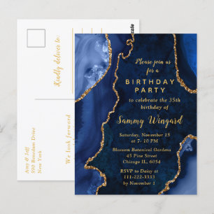 Cartão Postal Festa de Aniversário com Mármore Ágata Azul Marinh
