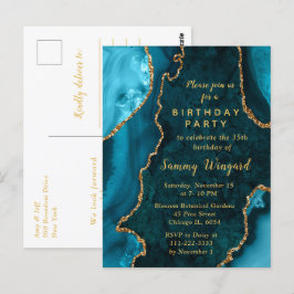 Cartão Postal Festa de Aniversário com Mármore Azul Turquesa e Á