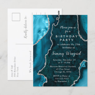 Cartão Postal Festa de Aniversário com Mármore Azul Turquesa e P