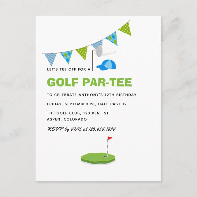 Cartão Postal Festa de Aniversário com Tema de Golfe (Frente)