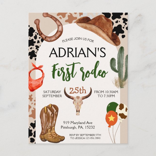 Cartão Postal Festa de Aniversário Cowboy 1º Rodeio (Frente)