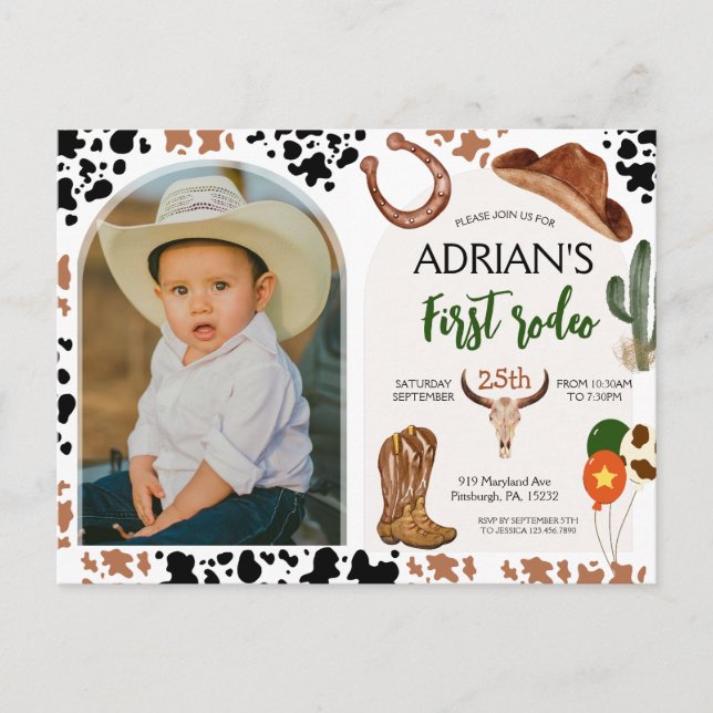 Cartão Postal Festa de Aniversário Cowboy 1º Rodeio (Frente)