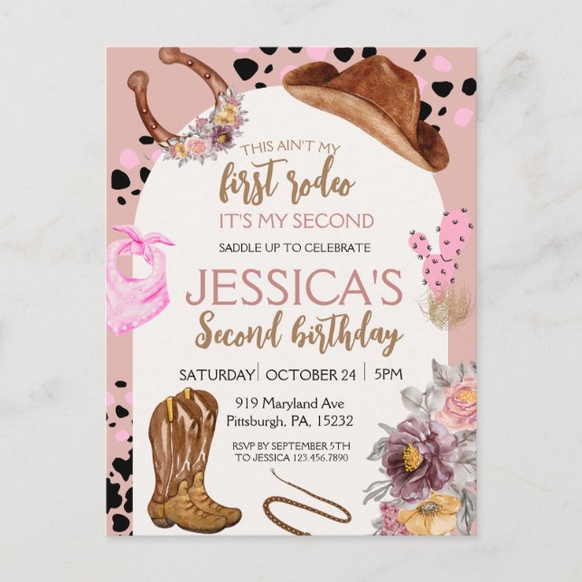 Cartão Postal Festa de Aniversário Cowgirl Rosa 2º Rodeio Orçame (Frente)