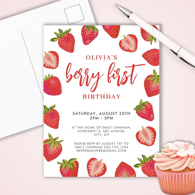 Cartão Postal Festa de aniversário da primeira morango das menin (Cute strawberry Berry First birthday party invitation postcard.  Customize with your own event text.)