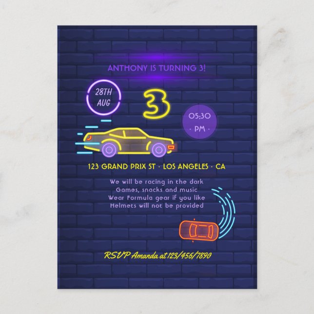 Cartão Postal Festa de Aniversário de 3 Anos de Menino com Carro (Frente)