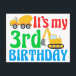 Cartão Postal Festa de Aniversário de 3 anos de meninos Veículo<br><div class="desc">Convite de aniversário personalizado legal veículo de construção para um menino que gosta de carros e caminhões. Design de escavadeira e caminhão basculante fofo para um menino que gosta de veículos. Use esses cartões para convidar outras crianças para uma festa para um menino de três anos.</div>
