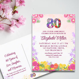 Cartão Postal Festa de Aniversário de 80 anos com Aquarela Rosa