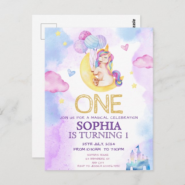 Cartão Postal Festa de aniversário de Aquarela Púrpura de Unicór (Frente/Verso)