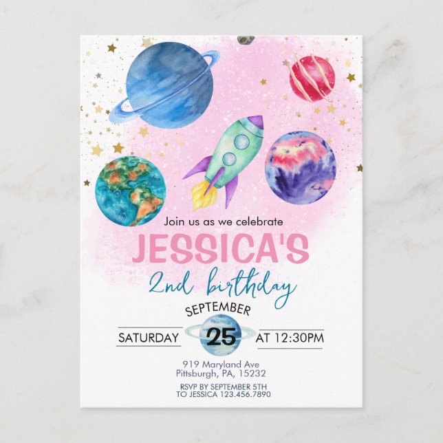 Cartão Postal Festa de Aniversário de Astronauta Menina Rosa Fof (Frente)