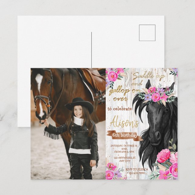 Cartão Postal Festa de Aniversário de Cavalo tema Caubói Rústico (Frente/Verso)