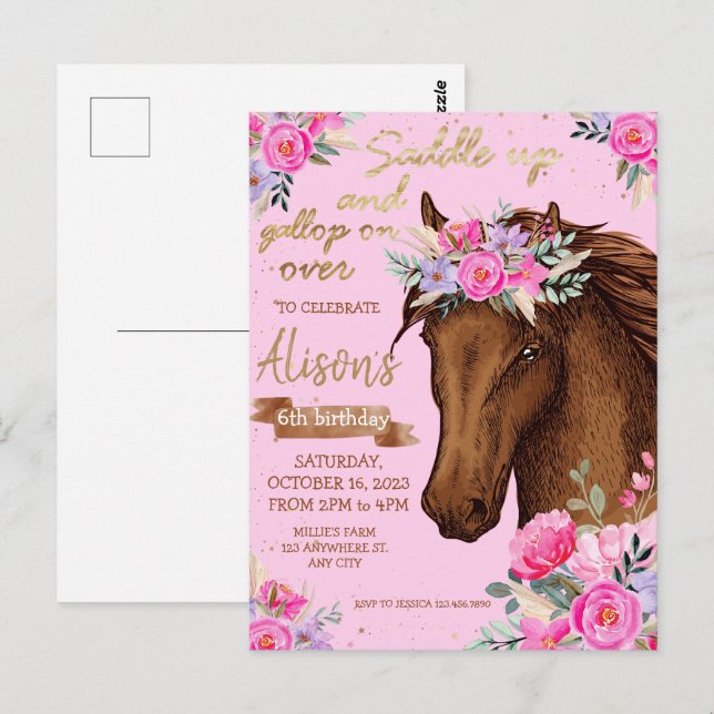 Cartão Postal Festa de Aniversário de Cowgirl Cavalo Rosa (Frente/Verso)