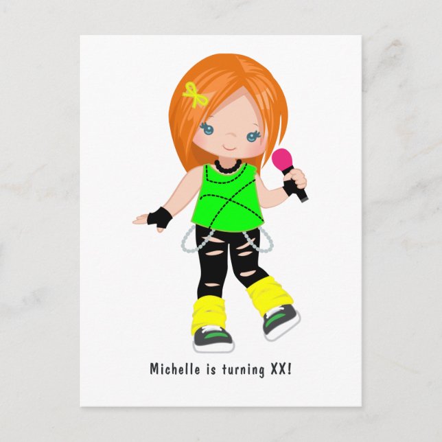Cartão Postal Festa de Aniversário de Garota Ruiva Fofa Rock Sta (Frente)