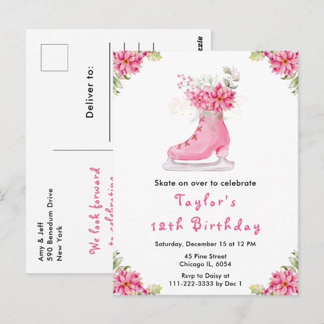 Cartão Postal Festa de Aniversário de Patinação no Gelo Rosa (Frente/Verso)
