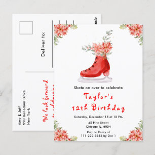 Cartão Postal Festa de Aniversário de Patinação no Gelo Vermelho