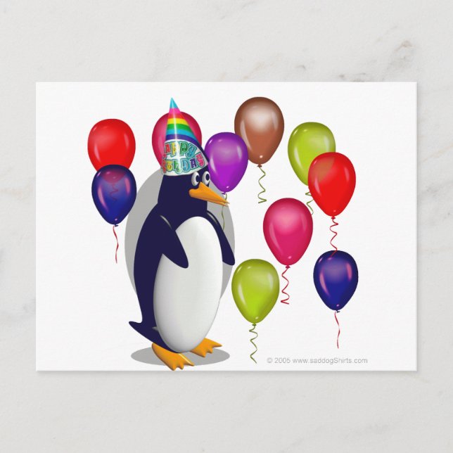 Cartão Postal Festa de aniversário de pinguim (Frente)