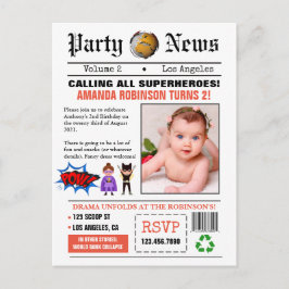 Cartão Postal Festa de Aniversário de Super-Heróis de Jornal Fot