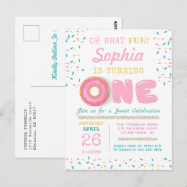 Cartão Postal Festa de Aniversário de Um Ano Tema Donut Divertid