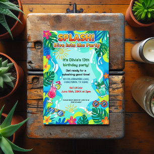 Cartão Postal Festa de Aniversário de Verão com Mergulho na Pisc